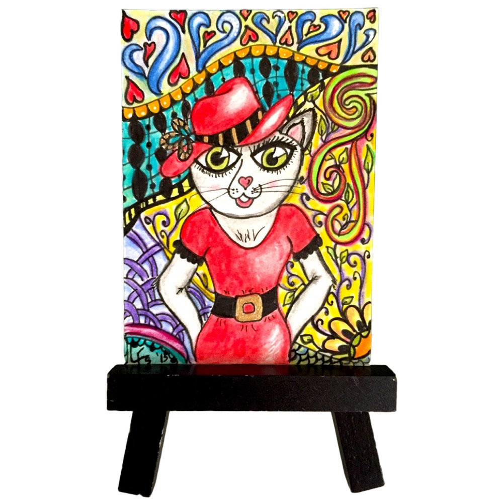 ACEO Original “Posh Paws in a Red Dress” Colored Pencil Cat Feline Fantasy Mini